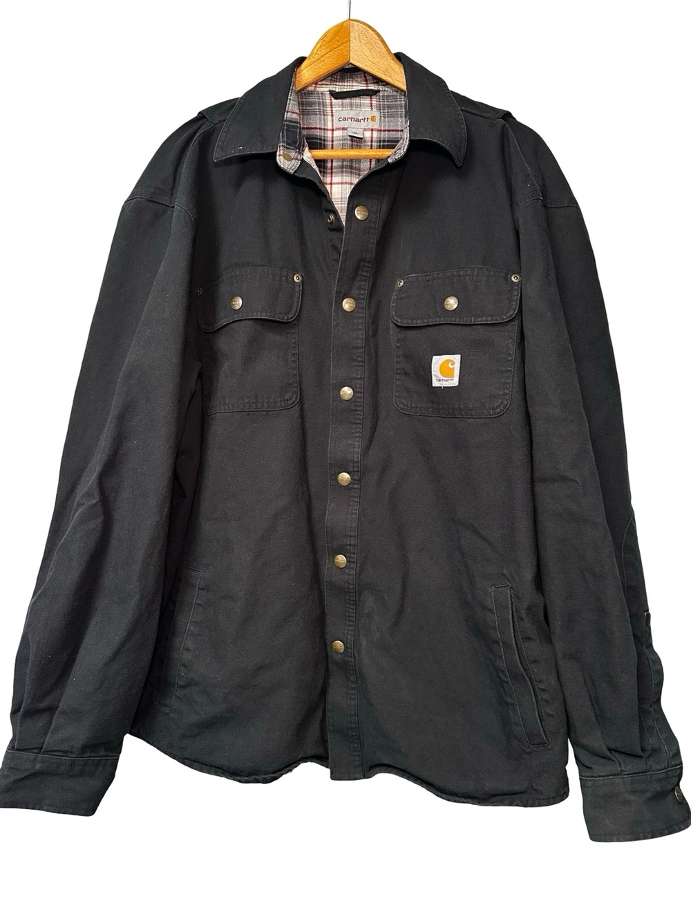 Carhartt Black Weathered Canvas Shirt Jacket Large Flannel Plaid Lined Workwear
